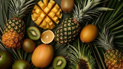Fototapeta premium A composition of tropical fruits (kiwis, pineapples, mangoes) on a palm leaf background generative ai
