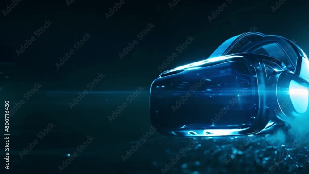 Poster virtual reality headset illuminated in blue, floating in dark space