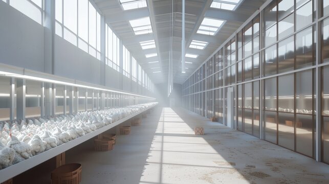 Modern and clean white feather broiler chicken cage, laying hen farming industry.