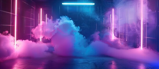 Fototapeta premium 3D rendering. Futuristic garage space filled with thick smoke and neon lights