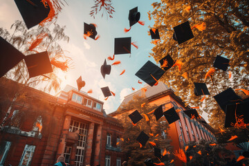 Hats of graduates thrown into the air of the university at the end of their degree, representing the successful completion of academic studies and the transition into professional life