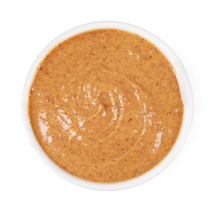 Delicious nut butter in bowl isolated on white, top view