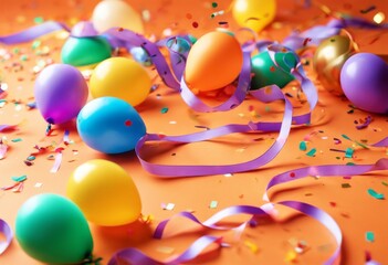 paper cap sprinkles balloons confetti orange background ribbons Colorful party christmas symbol carnival curve curl decoration satin holiday decorative festival flat line spiral pattern tape curly br'