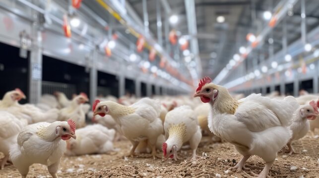 Modern and clean white feather broiler chicken cage, laying hen farming industry.