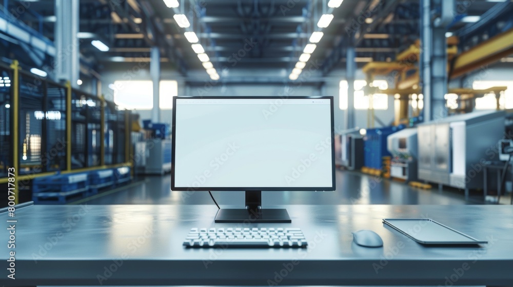 Poster blank mockup of a monitor in an industrial setting with machinery in the background .