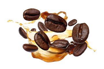 Coffee splash and roasted beans in air on white background - obrazy, fototapety, plakaty