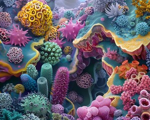 Obraz premium Design a captivating image showcasing a vibrant, intricate world of microbiomes Focus on detailed textures, colors, and structures to convey the complexity of these ecosystems