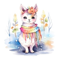 Fototapeta premium Watercolor illustration of a cute llama adorned with a colorful blanket and pompoms