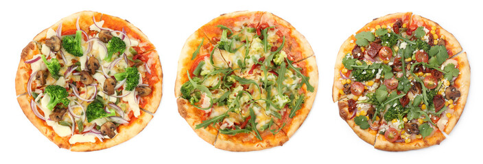 Delicious vegetarian pizzas isolated on white, top view