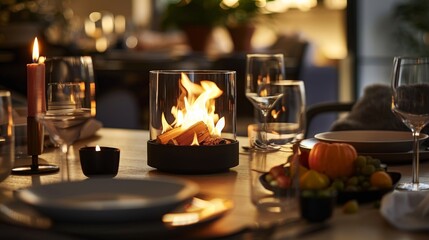 Naklejka premium The gentle warmth of the tabletop fireplace creates the perfect environment for a leisurely dinner with loved ones. 2d flat cartoon.