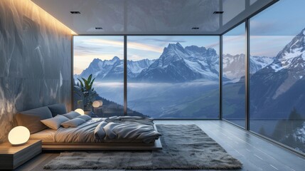 Modern Loft Bedroom: Minimalistic Design with Mountain View