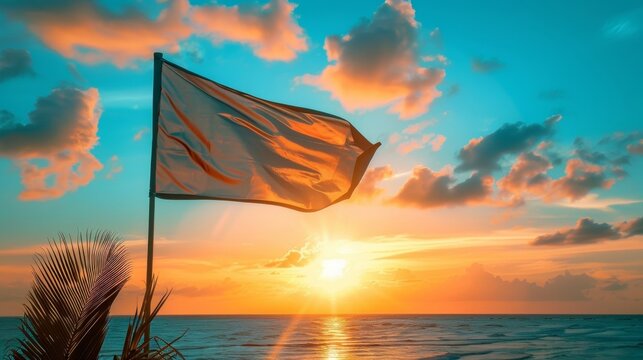 Blank mockup of a tropical beach flag with a sunset and palm tree silhouette great for promoting your beach wedding services. .
