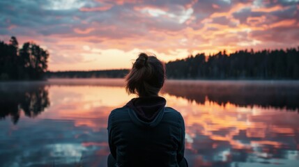 Fototapeta premium A person with their back turned looking out at a tranquil lake, with sunset reflections in the water generative ai