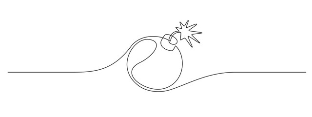 Bomb with burning fuse in one Continuous line drawing. Stress explosion and boom concept with fire wick in simple linear style. Editable stroke. Doodle outline Vector illustration
