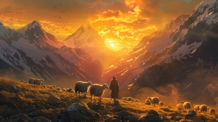 flock of sheep through a mountainous landscape generative ai