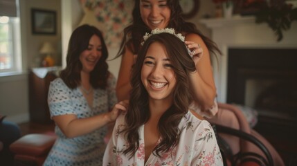 A smiling bridetobe getting her hair styled and perfected for the big day surrounded by her supportive and excited friends..