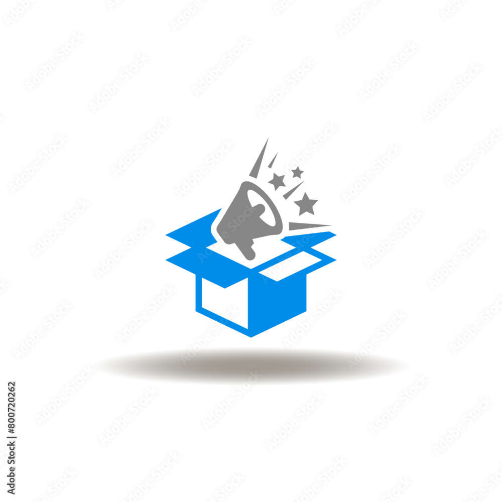 Poster vector illustration of open box or package with megaphone scream. icon of pr public relation. symbol