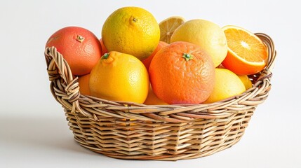A variety of citrus fruits (oranges, lemons, grapefruits) in a wicker basket on a white background generative ai