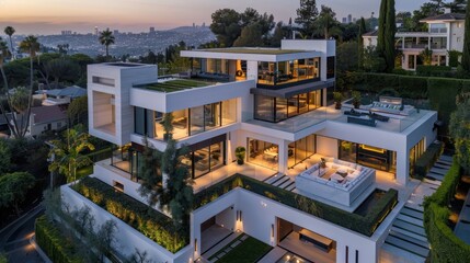 Fototapeta premium The facade of a modern and luxurious minimalist two-story house