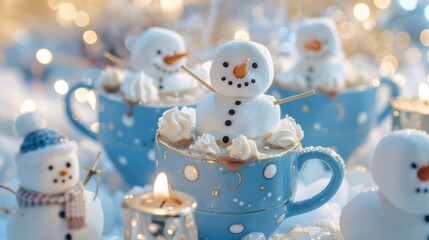 A winter wonderland party with ice skating and hot chocolate mocktails served in mugs with marshmallow snowmen.