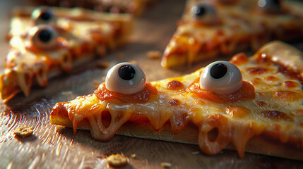 Collection of 3d slice of pizza with googly eyes, one terrified of being eaten and the other ecstatic