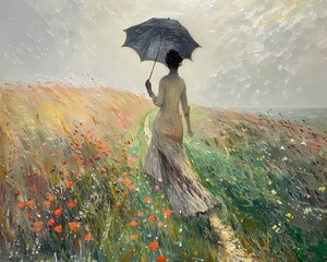 Oil painting landscape a lady in the flower field wall art, moody vintage farmhouse style digital art print, wallpaper, backgrouned