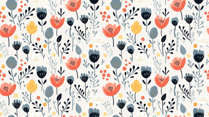 A seamless pattern of colorful flowers and leaves on a light background