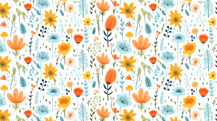 A seamless pattern of colorful flowers and leaves on a white background