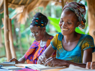 Two women sitting at a table with books and writing