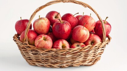 A wicker basket full of bright red apples on a white background generative ai
