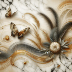 panel wall art, marble background with feather designs and butterfly silhouette, wall decoration