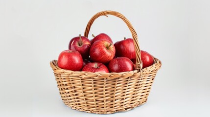 A wicker basket full of bright red apples on a white background generative ai