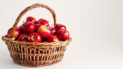 A wicker basket full of bright red apples on a white background generative ai