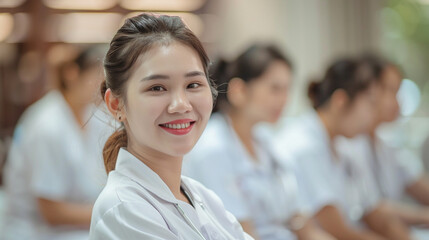 Smiling Female Doctor Portrait - Medical Seminar Backdrop