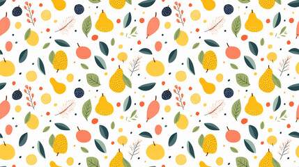 A seamless pattern of colorful pears, lemons, and leaves on a white background.