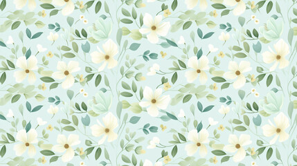 Fototapeta premium A seamless pattern of cream and white flowers and sage green leaves on a pale blue background.