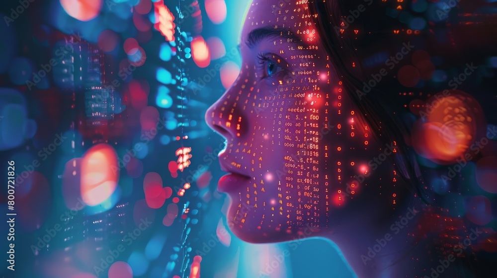 Poster profile of a woman against a backdrop of digital data code, symbolizing the intersection of humanity