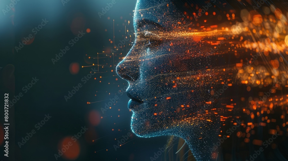 Poster profile of a woman against a backdrop of digital data code, symbolizing the intersection of humanity