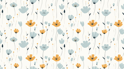A seamless pattern of cute hand drawn flowers in blue and yellow colors on a white background.