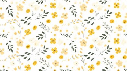 A seamless pattern of cute hand drawn yellow and white flowers and green leaves on a white background.