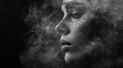 An ephemeral appearance, a woman's contemplative face amidst the caress of smoke