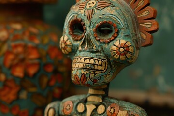 Obraz premium Day of the Dead calavera skeleton figurine, Mexican folk art, wood carving, close up