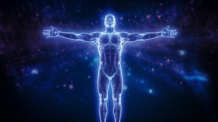 Human soul with arms spread out floating over a space background.