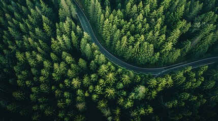 Drone eye view of a winding forest road, journey through the serene green pine landscape
