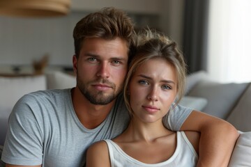 Fototapeta premium Portrait of sad couple sitting on sofa at home in the living room