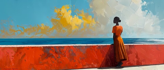 Abstract Oil painting features a beautiful woman lady looking out the ocean wall art, retro vintage style digital art print, wallpaper, background
