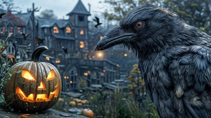 a crow in front of a haunted house.