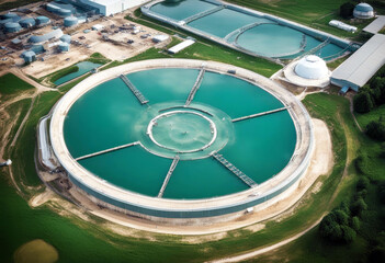 'treatmentl chemical water industrial solution treatment clean tank sedimentation clarifier contact solid recirculation circular circle view aerial cleaning conservation construction'