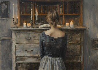 Abstract Oil painting features a woman lady reading book wall art, moody vintage farmhouse  style digital art print, wallpaper, background