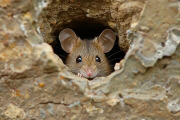 Mouse looking out from hole in concrete surface - obrazy, fototapety, plakaty